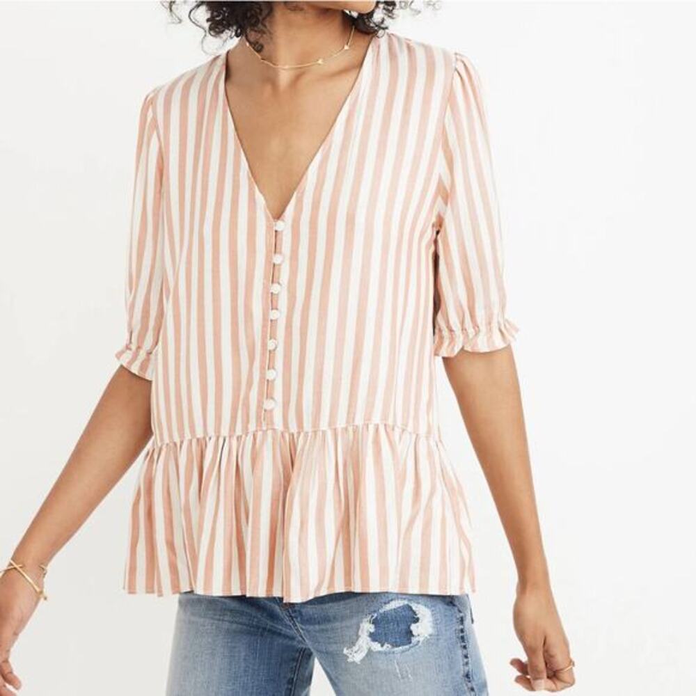 Madewell White Striped Button Front Peplum Top Puff Sleeve V-Neck NWT XS